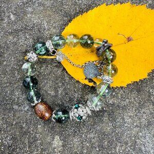 Green Phantom Quartz and Silver Charm Bracelet — Natural Energy, Wood & Vintage